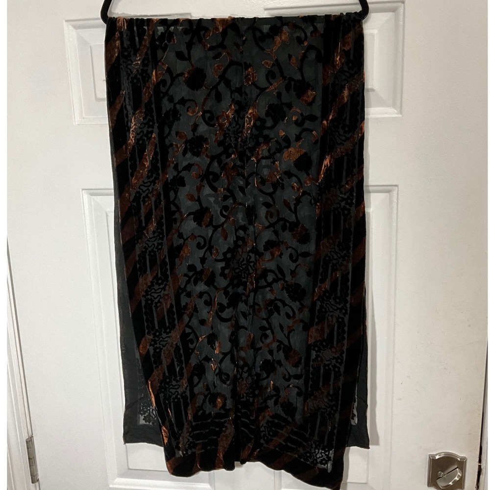 Vintage Sheer Black Burnout Velvet Floral Scarf Copper Striped Evening Wrap